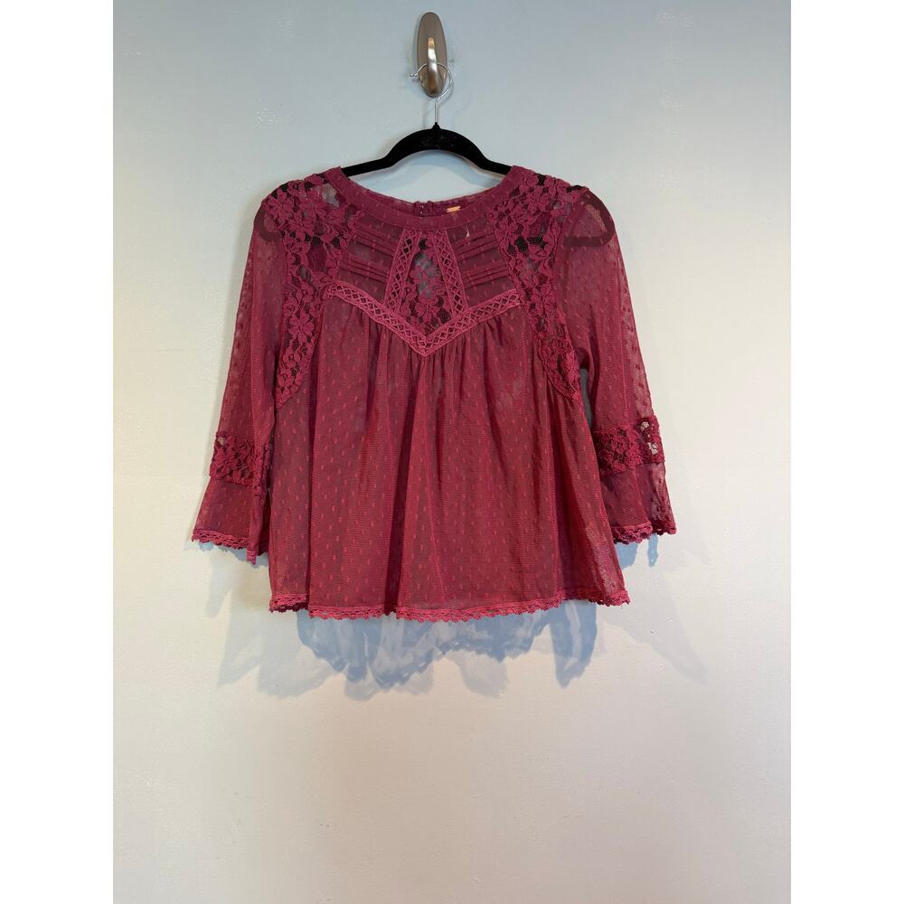 Free People Burgundy Lace Swiss Dot Peplum Blouse